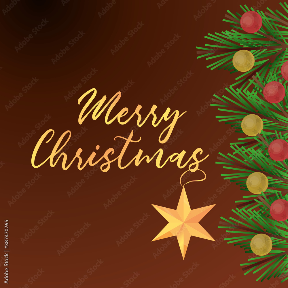 happy merry christmas, greeting card handwritten text and branch tree with balls decoration detailed