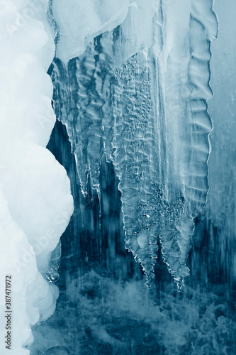 frozen waterfall and fallen water.Winter background. photo