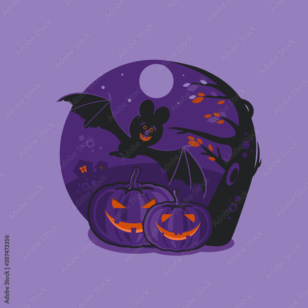Halloween violet orange banner, poster, sticker with bat, pumpkin Jack, tree, month. Vector illustration for your Halloween design.