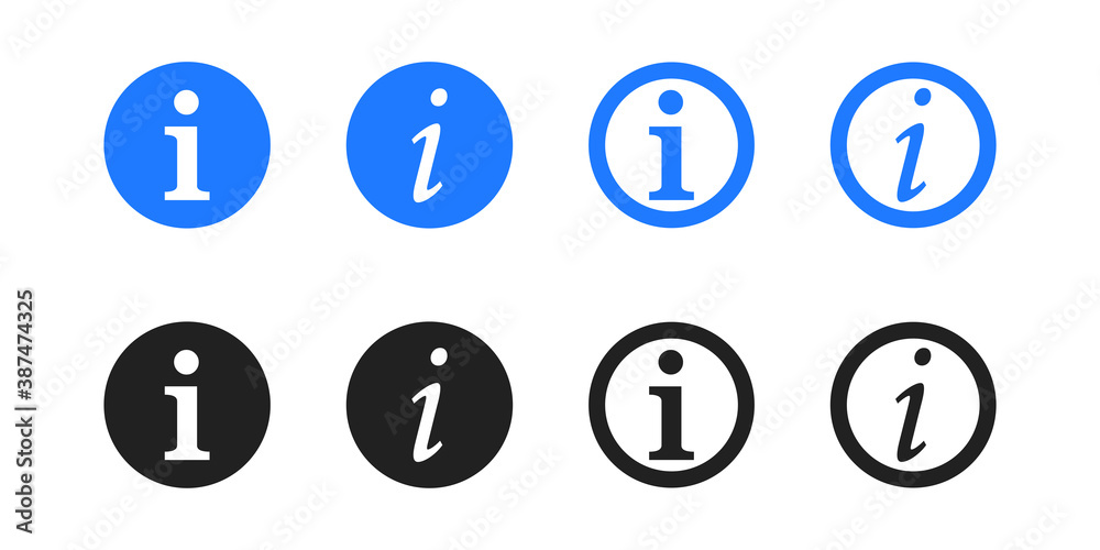 Information icon collection. Vector illustration, isolated on white background. Set of black and blue info icons . Information icon collection. Vector illustration, isolated on white background. Set of black and blue info icons .