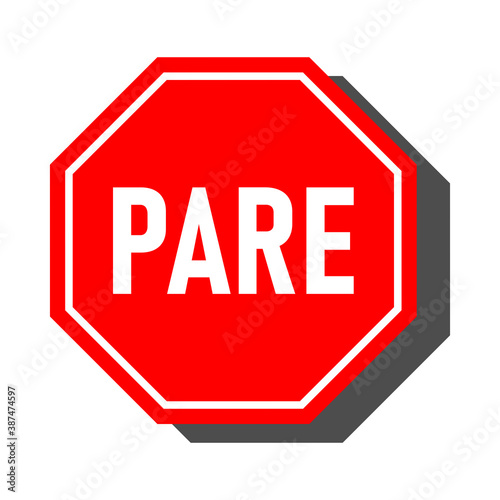 Pare ("Stop" in Portuguese) Red Sign with an Octagonal Shape Icon and Shadow. Vector Image.