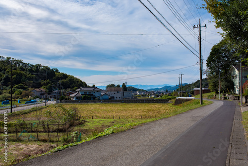 autumn village view and blue sky
