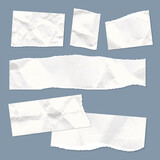 Realistic empty torn wrinkled paper notes on blue background. Vector illustration of ripped crumpled paper scraps. Square shreds of old notebook pages