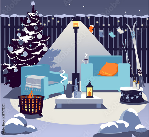 Cozy backyard in winter with a fire pit, patio heater, chairs, table with hot drink, Christmas tree and seasonal decorations, no people, EPS 8 vector illustration	