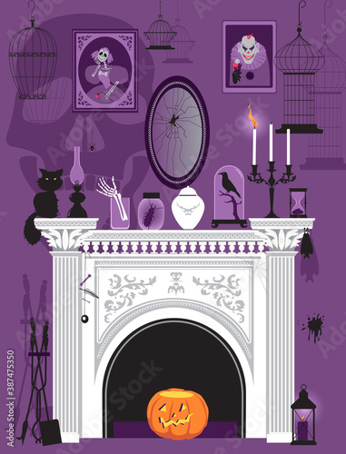 Victorian interior with a fireplace decorated with spooky and creepy objects and portraits, EPS 8 vector illustration