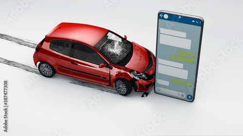Don't text and drive - Auto accident involving one car and smart phone 3D isolated background white. Concept Ads. Crashed car 3D render.