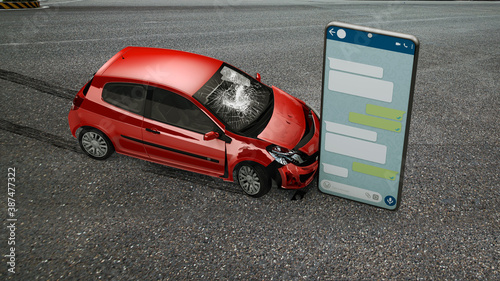 Don't text and drive - Auto accident involving one car and smart phone 3D a city street. Concept Ads. Crashed car 3D render.