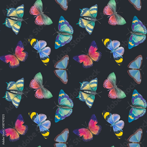 Seamless botanical pattern. Multicolored butterflies on a dark background. bright butterflies painted in watercolor, suitable for design, cards, packaging.
