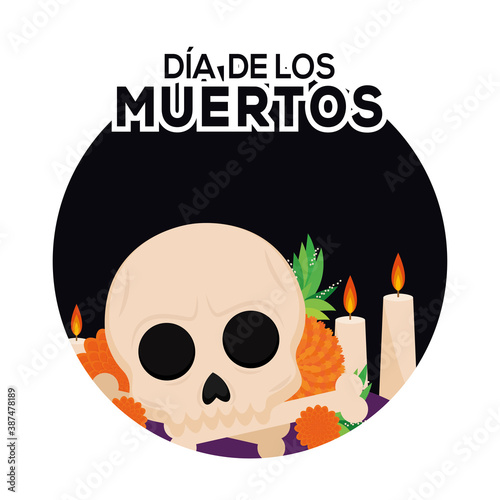 Dia de los muertos button with a mexican skull - Vector