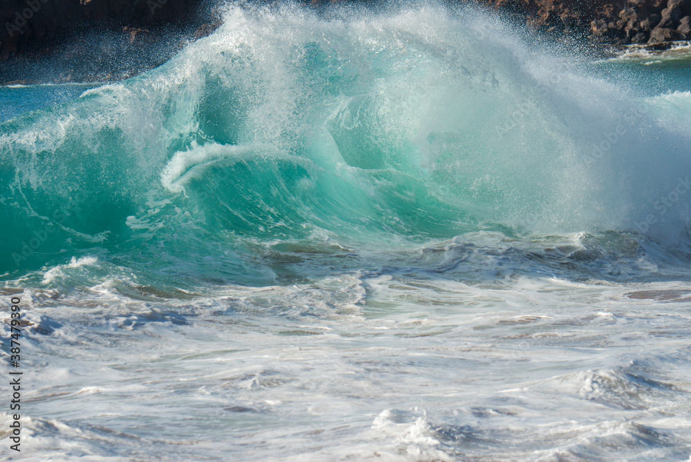 Fototapeta premium Ferocious wave slamming the shore in Hawaii