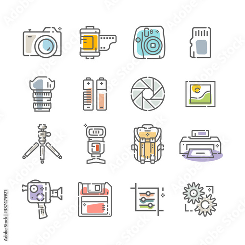 Photo icons. Camera and photography icons. Photography studio light, film cameras, tripod line, film. Photo lens, different digital and vintage cam pictogram. Vector illustration.
