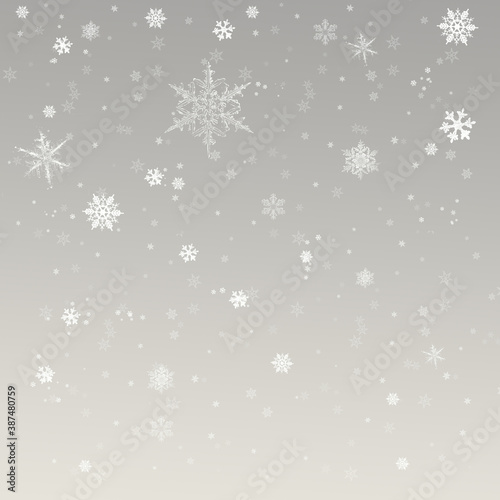 Snow background. Grey Christmas snowfall with defocused flakes. Winter concept with falling snow. Holiday texture and white snowflakes.