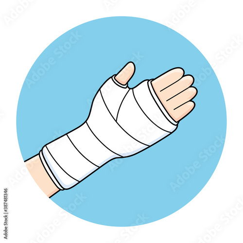 Broken arm, bone fracture, orthopedic plaster cast icon.