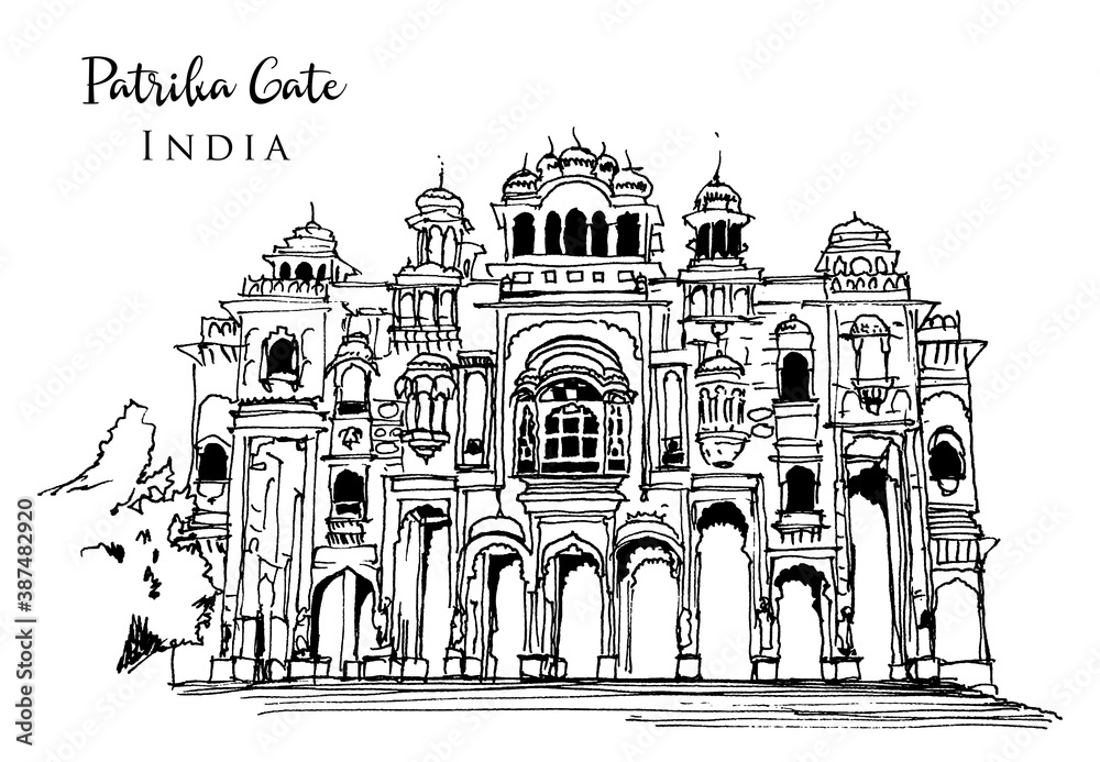 Drawing sketch illustration of Patrika Gate in India