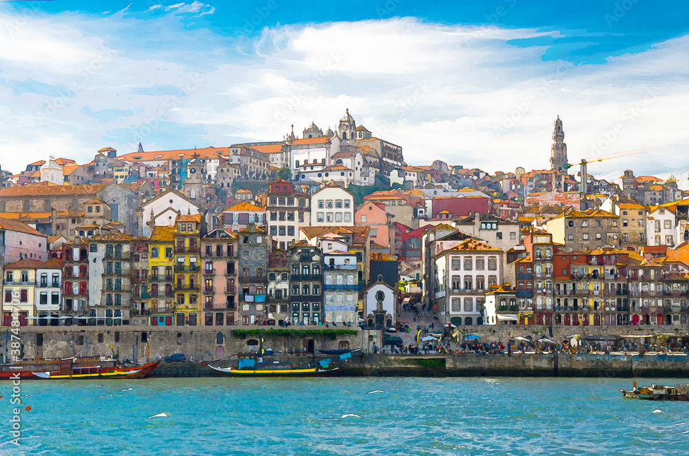 Watercolor drawing of View of Old Porto, Oporto city, colorful Ribeira traditional wine boats in Douro river from Vila Nova de Gaia, Portugal