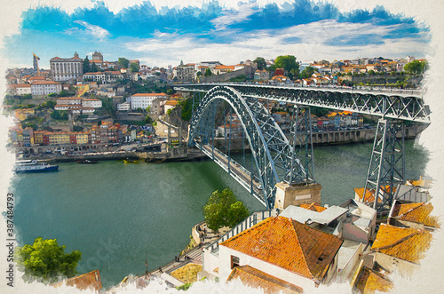 Watercolor drawing of Aerial view of Ponte Luis Bridge over Douro River, tiled roofs of colorful buildings and old historic district Ribeira in Porto Oporto city, Portugal