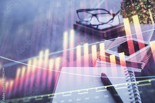 Wallpaper Mural Double exposure of forex chart drawing and cell phone background. Concept of financial trading Torontodigital.ca