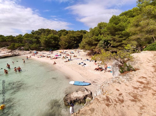 Fototapeta Naklejka Na Ścianę i Meble -  Playa Cala Turqueta famous paradise beach with turquoise water and pine forests on south coast of Menorca Island, Balearic Islands, Spain