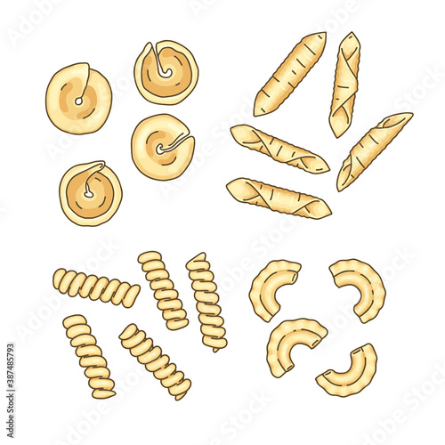 Set of different pasta types: messicani, garganelli, fusilli bucati corti, and creste di gallo. Illustration of Italian cuisine staples. Uncooked vector pasta shapes isolated on white background.