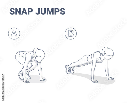 Snap Jumps Home Workout Female Exercise Guide Black and White Illustration.