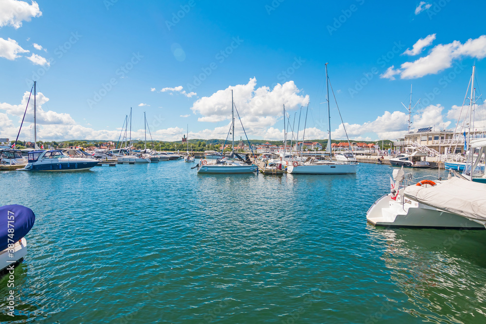 Sopot, Poland - 20 June 2020: Yachts and motorboats moored in yacht haven Marina