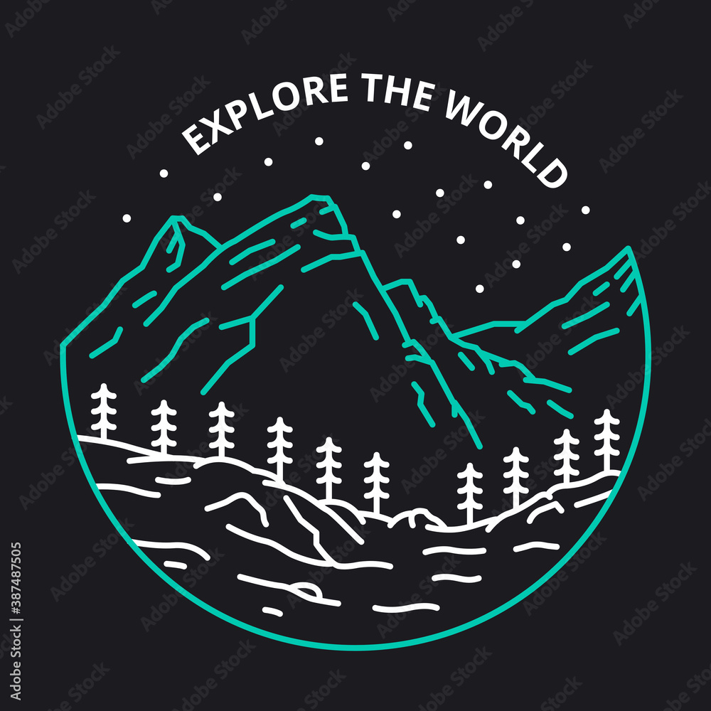 Explore the world. Mountain and forest illustration. Mountain and forest line art design with green and white outline. Illustration design for apparel products, mugs and wall posters