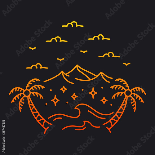 Summer island illustration. Summer island line art design with orange and yellow gradient lines. Illustration design for apparel products, mugs and wall posters