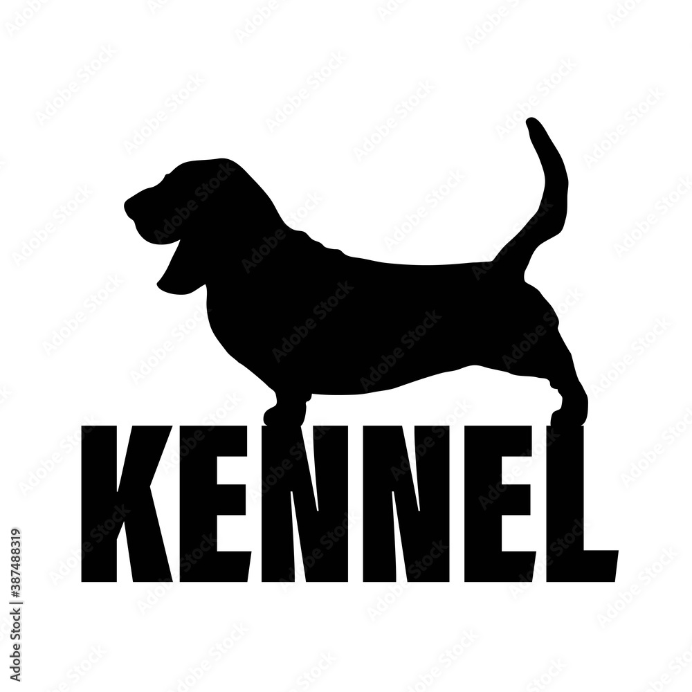 Monochrome logo of the kennel of dogs breed basset hound. The text logo is black and white.