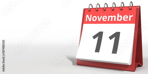 November 11 date on the flip calendar page, 3d rendering