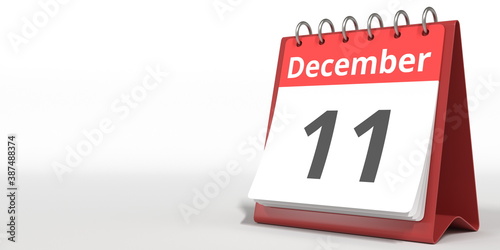 December 11 date on the flip calendar page, 3d rendering