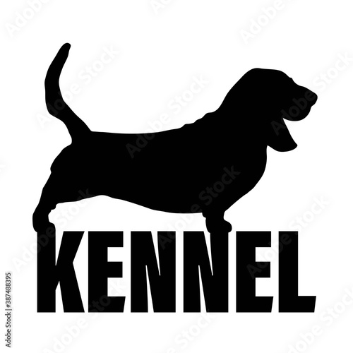 Monochrome logo of the kennel of dogs breed basset hound. The text logo is black and white. photo