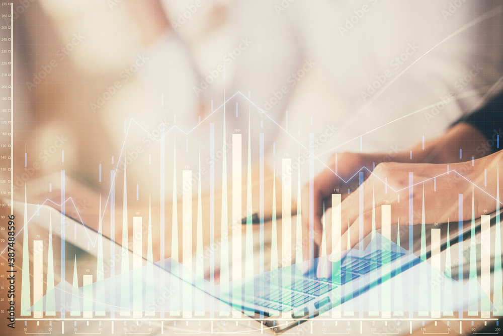 Double exposure of woman hands typing on computer and forex chart hologram drawing. Stock market invest concept. Double exposure of woman hands typing on computer and forex chart hologram drawing. Stock market invest concept.
