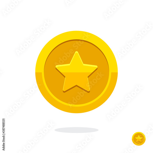 Gold game coin. Coin icon. Gold medal. Coin with the star. Graphic user interface design element. Gold star. Game coin. Money symbol. Game elements. Bank payment symbol. Game purchases. Financial 