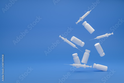 Medical Syringe and vaccine floating in the air on a blue background. 3D rendering	