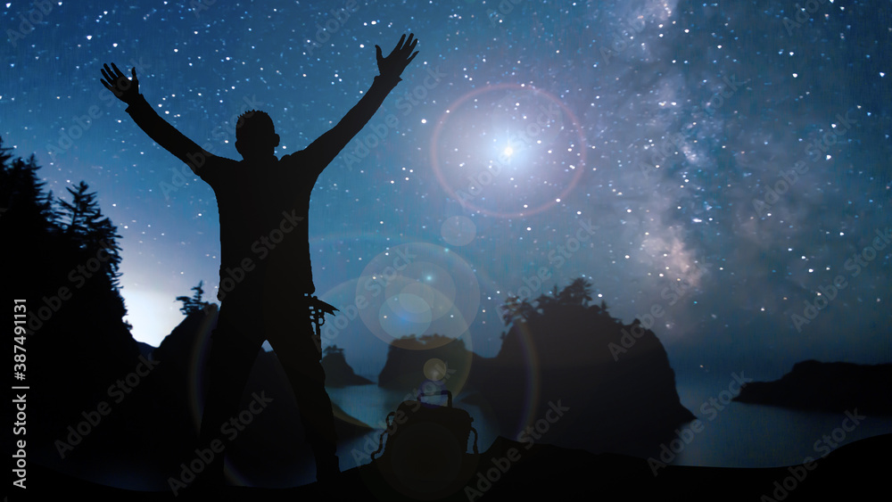 silhouette of a person in starry night landscape silhouette of a person in starry night landscape