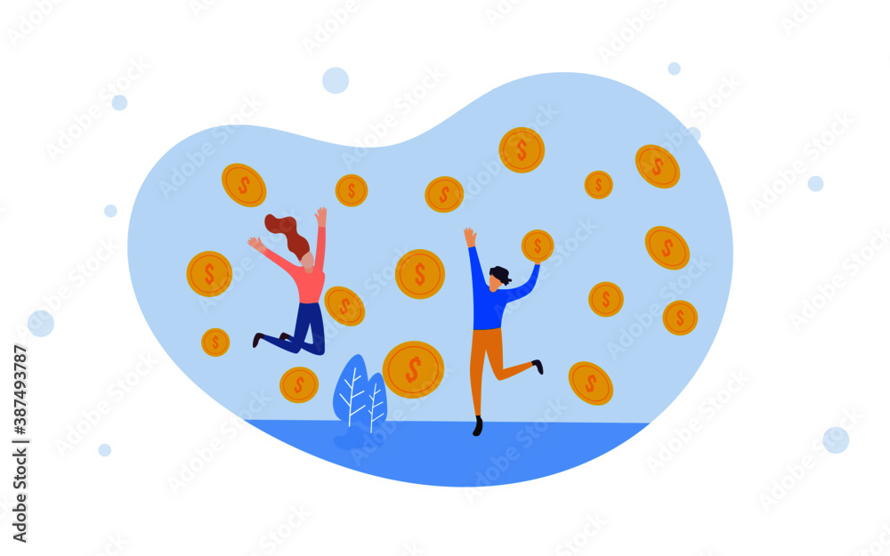 Vector illustration of happy businessman celebrates success standing under money rain banknotes cash falling. Concept of success startup.