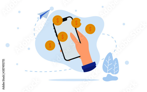 Money transaction online concept. Mobile payments using smartphone. Hand holding a mobile phone and money transfer on screen. Trendy flat style. Vector illustration.  Financial savings concept.