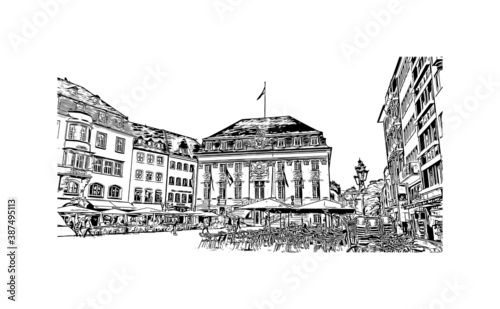 Building view with landmark of Bonn is a city in western Germany straddling the Rhine river. Hand drawn sketch illustration in vector.