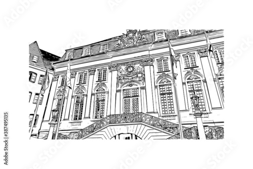 Building view with landmark of Bonn is a city in western Germany straddling the Rhine river. Hand drawn sketch illustration in vector.