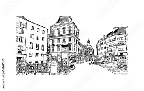 Building view with landmark of Bonn is a city in western Germany straddling the Rhine river. Hand drawn sketch illustration in vector.
