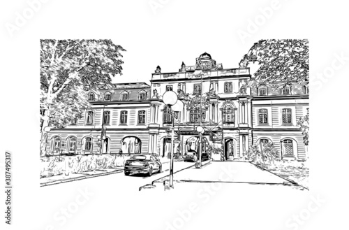 Building view with landmark of Bonn is a city in western Germany straddling the Rhine river. Hand drawn sketch illustration in vector.