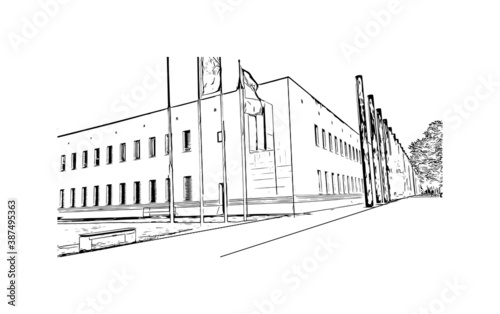 Building view with landmark of Bonn is a city in western Germany straddling the Rhine river. Hand drawn sketch illustration in vector.
