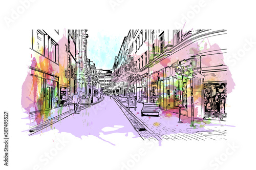 Building view with landmark of Bonn is a city in western Germany straddling the Rhine river. Watercolor splash with hand drawn sketch illustration in vector.