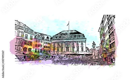 Building view with landmark of Bonn is a city in western Germany straddling the Rhine river. Watercolor splash with hand drawn sketch illustration in vector.
