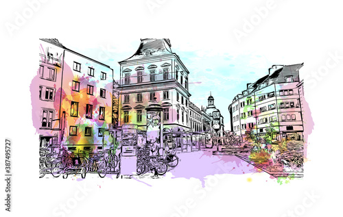 Building view with landmark of Bonn is a city in western Germany straddling the Rhine river. Watercolor splash with hand drawn sketch illustration in vector.