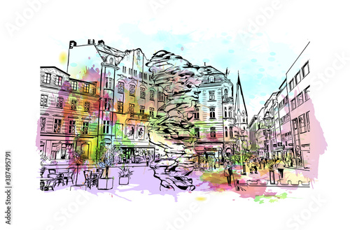 Building view with landmark of Bonn is a city in western Germany straddling the Rhine river. Watercolor splash with hand drawn sketch illustration in vector.