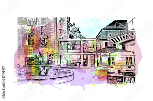 Building view with landmark of Bonn is a city in western Germany straddling the Rhine river. Watercolor splash with hand drawn sketch illustration in vector.