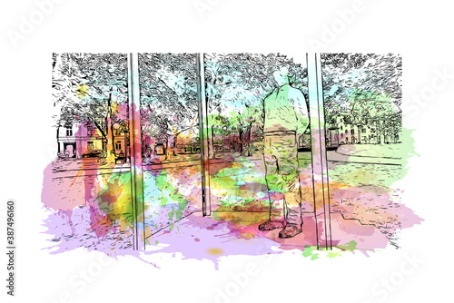Building view with landmark of Bonn is a city in western Germany straddling the Rhine river. Watercolor splash with hand drawn sketch illustration in vector.