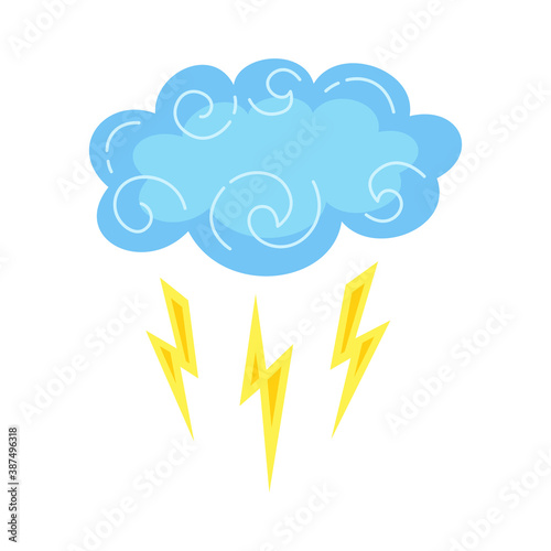 Cloud lightning cartoon style. Abstract flat bad weather colors hand drawn symbol. Cute thunderstorm, bright nature weather element. Meteorological infographics for print, fabric. Vector