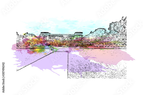 Building view with landmark of Bonn is a city in western Germany straddling the Rhine river. Watercolor splash with hand drawn sketch illustration in vector.